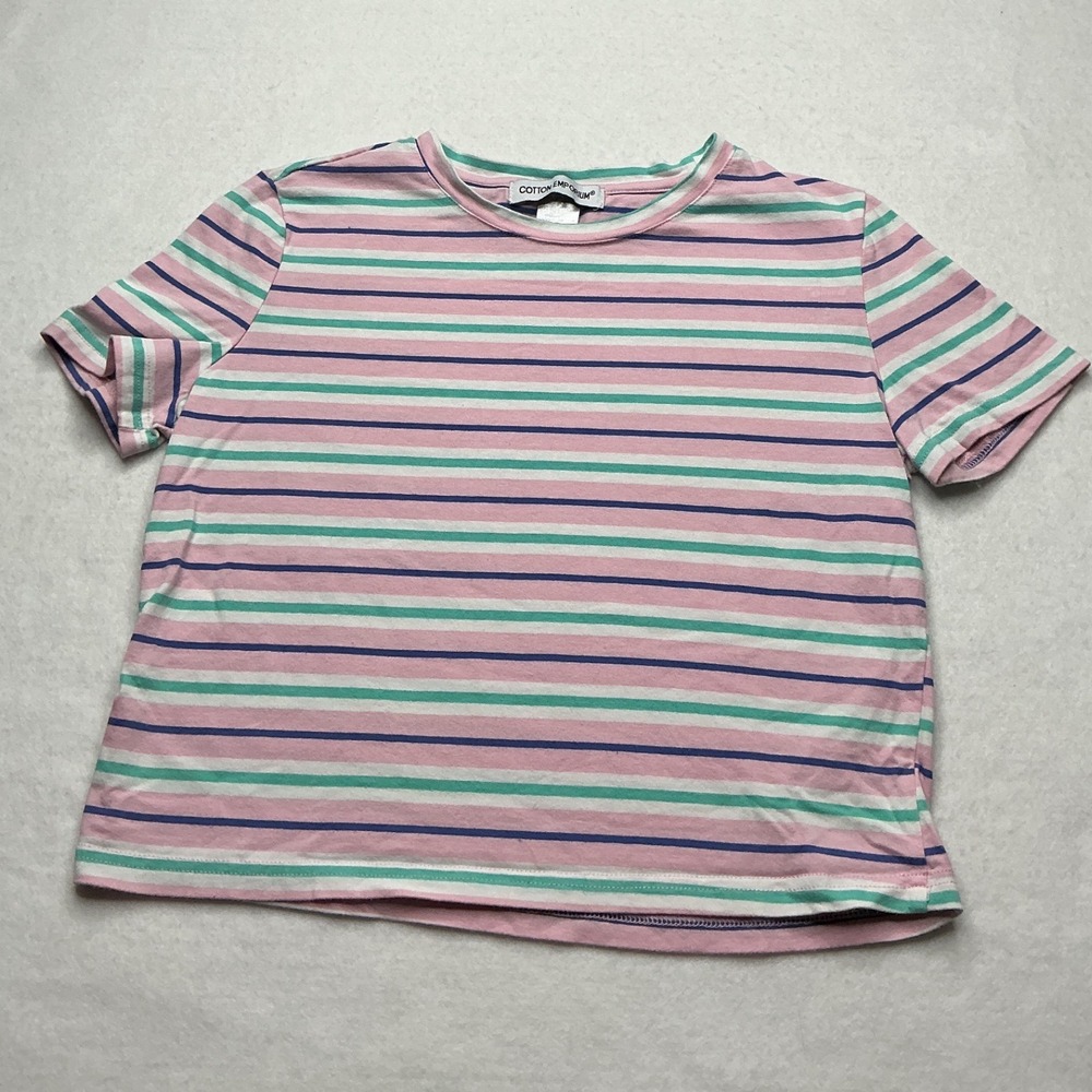 Cotton Emporium Womens XS Pink Green Striped Short Sleeve Crew Neck Crop T-Shirt